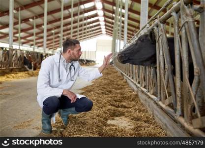 agriculture industry, farming, people and animal husbandry concept - veterinarian or doctor communicating with cows in cowshed on dairy farm