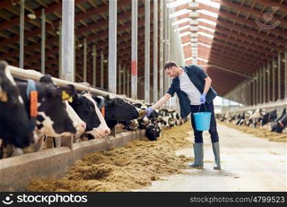 agriculture industry, farming, people and animal husbandry concept - young man or farmer with bucket of hay feeding cows in cowshed on dairy farm
