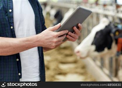 agriculture industry, farming, people, technology and animal husbandry concept - man or farmer with tablet pc computer and cows in cowshed on dairy farm