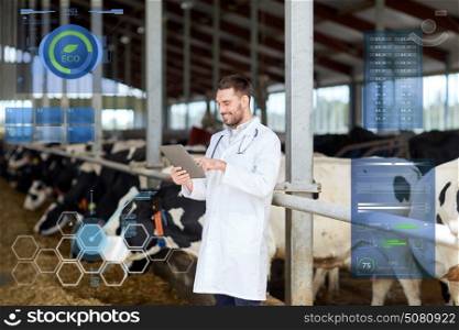 agriculture industry, people and animal husbandry concept - veterinarian or doctor with tablet pc computer and herd of cows in cowshed on dairy farm. veterinarian with tablet pc and cows on dairy farm