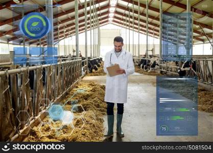 agriculture industry, people and animal husbandry concept - veterinarian or doctor with clipboard and herd of cows in cowshed on dairy farm. veterinarian with cows in cowshed on dairy farm