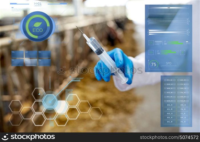 agriculture, medicine and people concept - veterinarian or doctor hand with vaccine in syringe at cowshed on dairy farm. veterinarian hand with vaccine in syringe on farm
