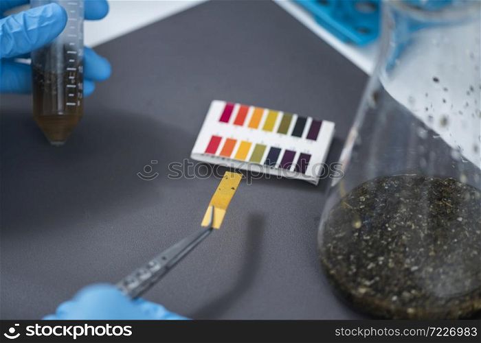 Agrochemical examination of agriculture sample in laboratory. Female scientist measuring ph of sample with litmus strips. Agrochemical Examination of Agriculture Sample in Laboratory, Measuring PH of Sample with Litmus Strips.