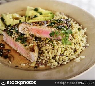 Ahi Tuna Steak With Rice and Avocado