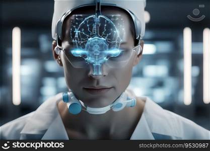 AI and the Medical Profession - Female Medical Professional with Sophisticated Laboratory Analytical Head Gear, created with Generative AI technology   