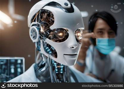 AI and the Medical Profession - Female Medical Professional Working with Android Robot, created with Generative AI technology   