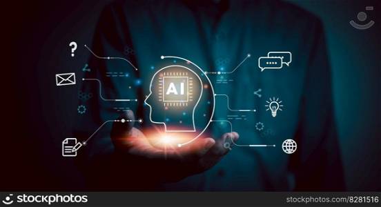 AI Artificial Intelligence and conversational chatbots businesses digital technology interact with applications, including customer service, sales and marketing and big data virtual screen.