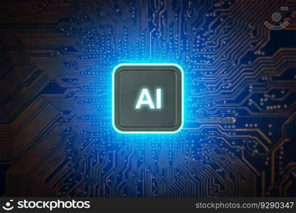 AI artificial intelligence concept, Close up of microprocessor glowing on mainboard electronic computer background, Futuristic innovative technologies. 3D rendering