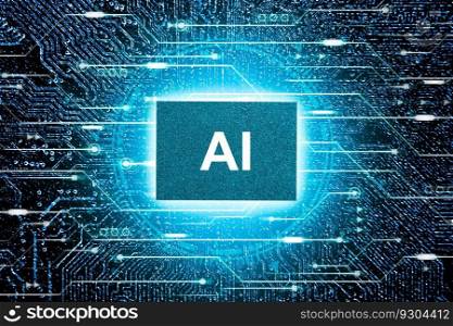 AI artificial intelligence concept, Close up of microprocessor glowing on mainboard electronic computer background, Futuristic innovative technologies. 3D rendering
