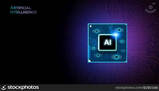 AI artificial intelligence concept, Close up of microprocessor on computer motherboard with electronic circuit interface in dark background,copy space,Futuristic innovative technologies. 3D rendering
