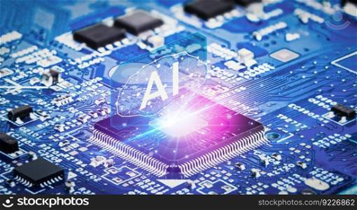 AI artificial intelligence concept, Close up of microprocessor with AI interface glowing on mainboard electronic computer background, Futuristic innovative technologies.