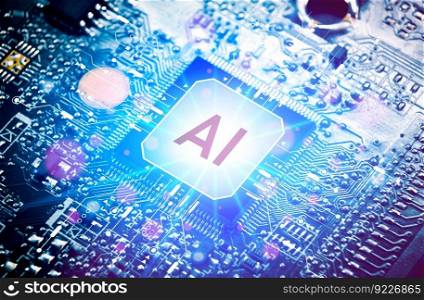 AI artificial intelligence concept, Close up of microprocessor with AI interface glowing on mainboard electronic computer background, Futuristic innovative technologies.