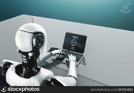 AI artificial intelligence robot using modish computer software. Software update on computer for modish version of device software