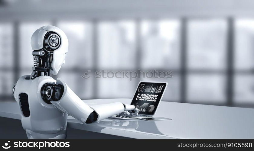 AI artificial intelligence robot using modish computer software. E-commerce data software provide modish dashboard for sale analysis