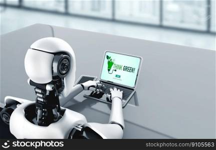 AI artificial intelligence robot using modish computer software. Green business transformation for modish corporate business