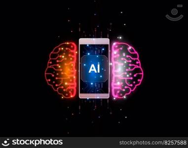 AI Artificial intelligence. Smartphone with glowing brain and artificial intelligence icon. Modern technology concept. 3D rendering.