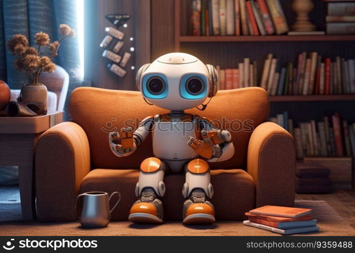 AI baby robot on sofa. Generative AI