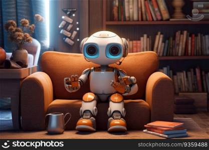 AI baby robot on sofa. Generative AI