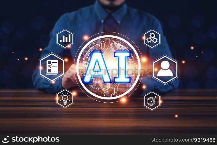 AI chatbot concept, AI Artificial Intelligence concept, Businessman using AI chatbot in computer smart intelligence Futuristic technology.