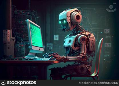 AI chatbot robot sitting at desk using computer as artificial intelligence and machine learning concept. AI chatbot robot sitting at desk using computer as artificial intelligence and machine learning concept - generative AI