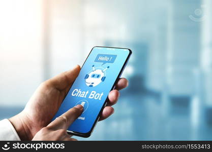 AI Chatbot smart digital customer service application concept. Computer or mobile device application using artificial intelligence chat bot automatic reply online message to help customers instantly.