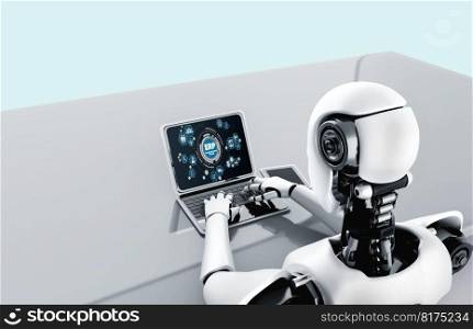 AI cyborg using modish computer software with artificial intelligence robot. ERP enterprise resource planning software for modish business