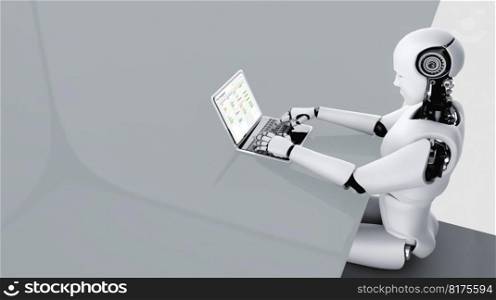 AI cyborg using modish computer software with artificial intelligence robot. Project planning software for modish business project management