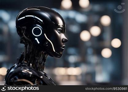 AI Development - Reminiscing Black Female Android Robot with Open Text Area, created with Generative AI technology   