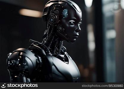 AI Development - Sad Looking Black Female Android Robot, created with Generative AI technology   