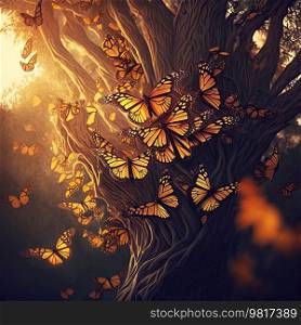 AI generated Abstract Background with Monarch Butterflies swarm around a Tree . AI generated Illustration.