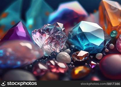 AI generated Abstract Background with Shiny Christals , minerals and Gems. AI generated Illustration.
