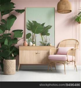 Ai Generated Antique Furniture and Pastel Poster in Hyper Realistic 1950 s Tiki Living Room