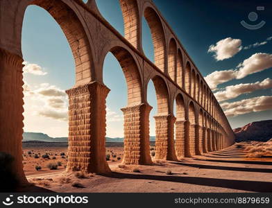 AI generated image of an ancient ruined Roman aqueduct