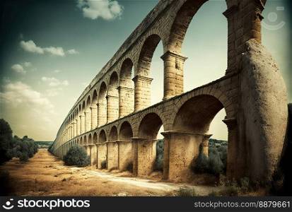 AI generated image of an ancient ruined Roman aqueduct