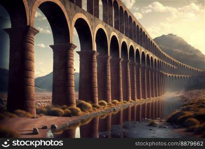 AI generated image of an ancient ruined Roman aqueduct