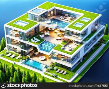 ai generated images, 3d rendering glass house design with a luxurious interior