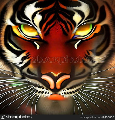 AI generated portrait  of a psychedelic tiger with glowing eyes.