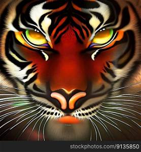 AI generated portrait  of a psychedelic tiger with glowing eyes.