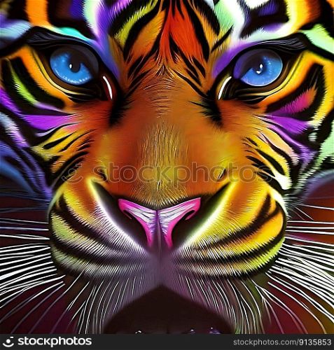 AI generated portrait  of a psychedelic  tiger with glowing eyes.