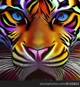 AI generated portrait  of a psychedelic  tiger with glowing eyes.