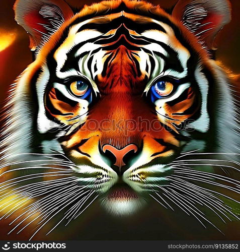 AI generated portrait  of a psychedelicr tiger with glowing eyes.