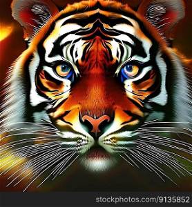 AI generated portrait  of a psychedelicr tiger with glowing eyes.