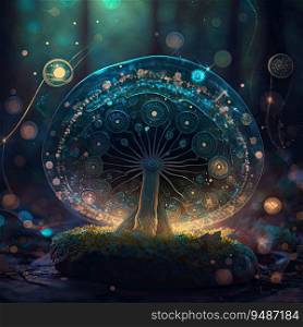 Ai generated psilocybe mushroom from fantasy alien world, ai generated illustration. Magic entheogen fungi, growing spores. Neural networks psilocybe mushroom, psilocybin fungi. Ai generated silocybe mushroom glowing spores