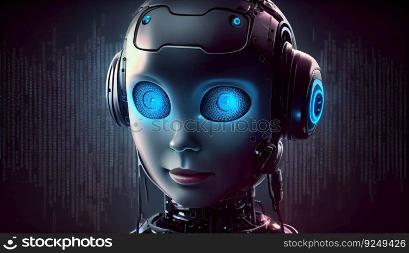 AI humanoid female robot close-up face portrait, futuristic, modern, digital technology. AI artificial intelligence illustration.. AI humanoid female robot close-up face portrait, futuristic, modern, digital technology. AI artificial illustration.