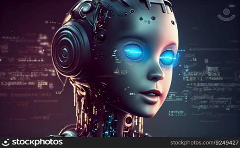 AI humanoid female robot close-up face portrait, futuristic, modern, digital technology. AI artificial intelligence illustration.. AI humanoid female robot close-up face portrait, futuristic, modern, digital technology. AI artificial illustration.