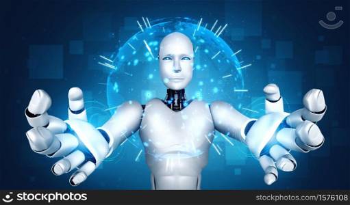 AI humanoid robot holding hologram screen shows concept of global communication network using artificial intelligence thinking by machine learning process. 3D illustration computer graphic.