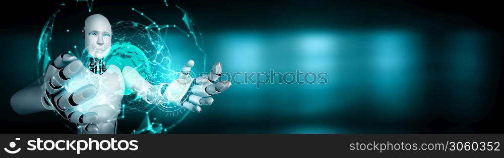 AI humanoid robot holding hologram screen shows concept of global communication network using artificial intelligence thinking by machine learning process. 3D illustration computer graphic.