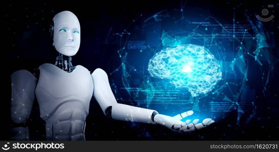 AI humanoid robot holding virtual hologram screen showing concept of AI brain and artificial intelligence thinking by machine learning process. 3D illustration.. AI humanoid robot holding virtual hologram screen showing concept of AI brain