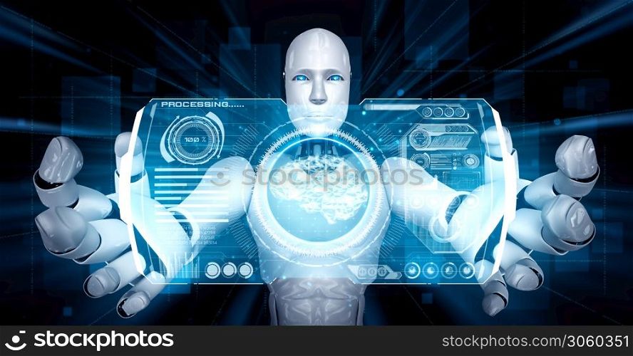 AI humanoid robot holding virtual hologram screen showing concept of AI brain and artificial intelligence thinking by machine learning process. 3D illustration.