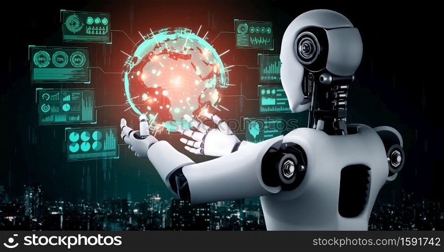 AI humanoid robot holding virtual hologram screen showing concept of big data analytic using artificial intelligence thinking by machine learning process. 3D illustration.
